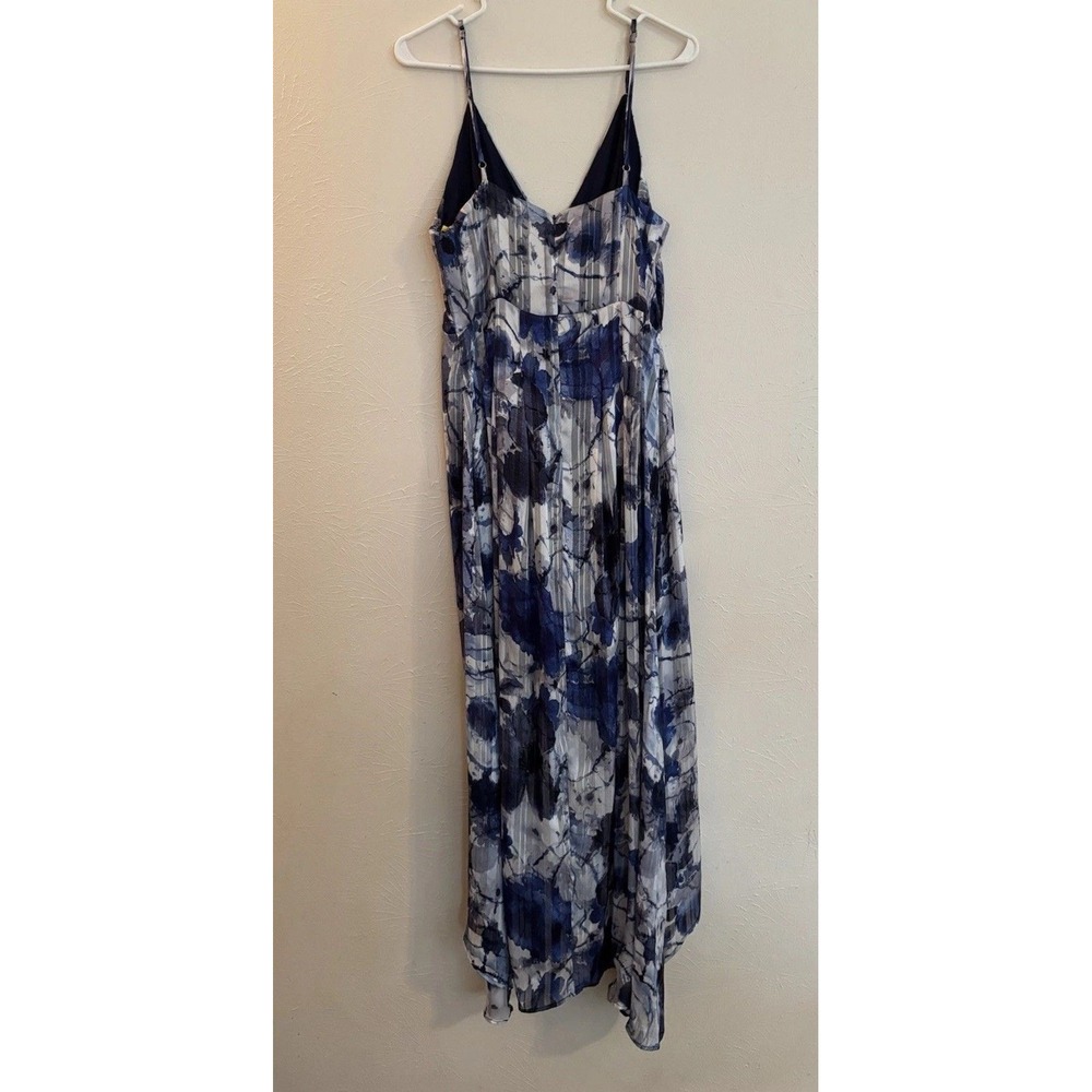 Lulus Blue Floral High Low Maxi Dress Pleated Metallic Stripe Surplice Size L - Picture 2 of 9